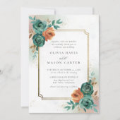 秋ティール(緑がかった色)燃えたオレンジエレガント色の金ゴールドフレ結婚ーム 招待状 (正面)