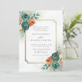 秋ティール(緑がかった色)燃えたオレンジエレガント色の金ゴールドフレ結婚ーム 招待状 (スタンド正面)