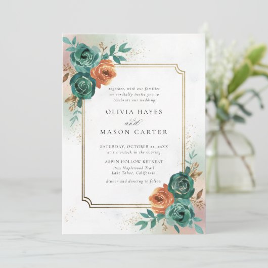 秋ティール（緑がかった色）燃えたオレンジエレガント色の金ゴールドフレ結婚ーム 招待状 (スタンド正面)