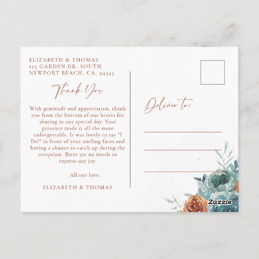 秋ティール(緑がかった色)燃えたオレンジ結婚の写真ありがとう ポストカード (裏面)