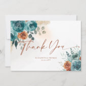 秋ティール（緑がかった色）燃えたオレンジ色のバラ水色の緑 サンキューカード (正面)