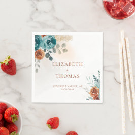 秋ティール(緑がかった色)燃えたオレンジ色のバラ水色の緑 スタンダードカクテルナプキン