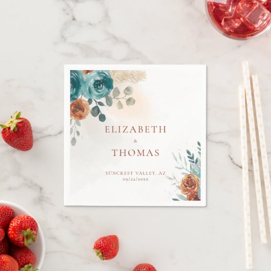 秋ティール(緑がかった色)燃えたオレンジ色のバラ水色の緑 スタンダードカクテルナプキン (インサイチュ)