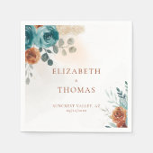 秋ティール(緑がかった色)燃えたオレンジ色のバラ水色の緑 スタンダードカクテルナプキン (正面)