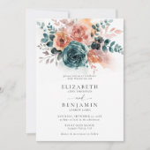 秋ティール（緑がかった色）燃えたオレンジ色のフローラ水の結婚色 招待状 (正面)