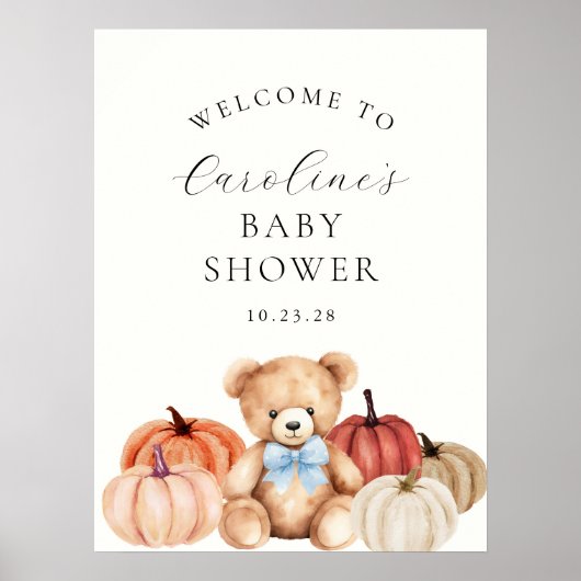 秋テディベア男の赤ちゃんシャワーウェルカムサイン ポスター (正面)