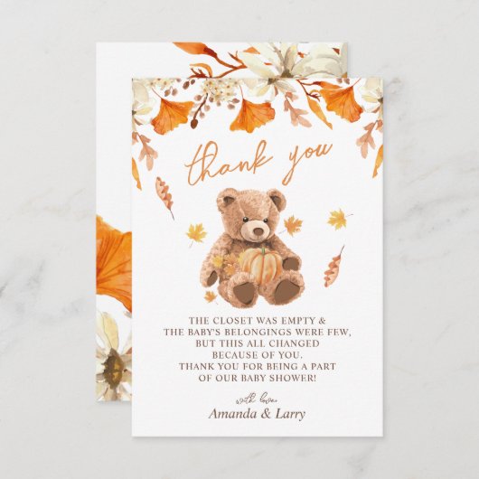 秋テディベア赤ちゃんシャワー サンキューカード (正面/裏面)