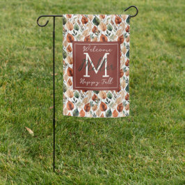 秋テラコッタとセージ離れパターンモノグラム ガーデンフラッグ