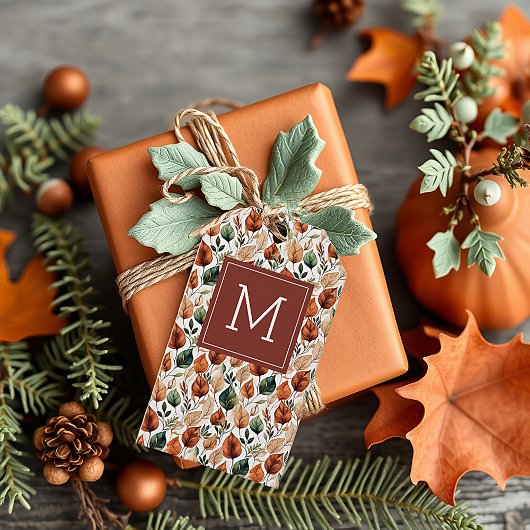秋テラコッタとセージ離れパターンモノグラム ギフトタグ