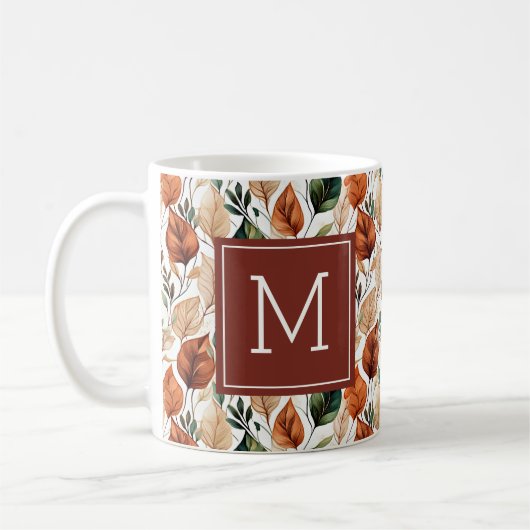 秋テラコッタとセージ離れパターンモノグラム コーヒーマグカップ (左)