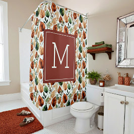 秋テラコッタとセージ離れパターンモノグラム シャワーカーテン