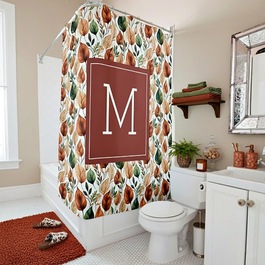 秋テラコッタとセージ離れパターンモノグラム シャワーカーテン