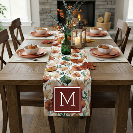 秋テラコッタとセージ離れパターンモノグラム ショートテーブルランナー