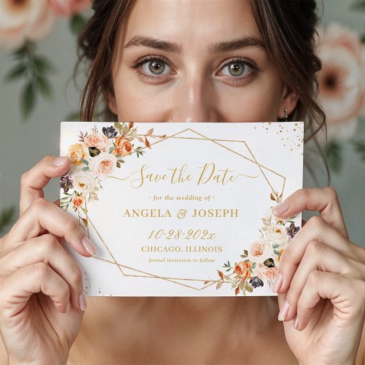 秋テラコッタオレンジ金ゴールドフローラ幾何学模様 セーブザデート