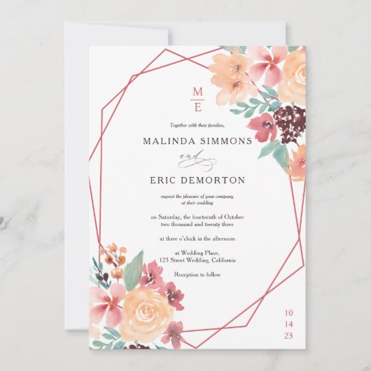 秋テラコッタフローラ水の色の写真結婚の 招待状 (正面)