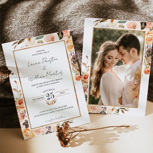 秋テラコッタフローラ金ゴールドフレーム結婚写真 招待状