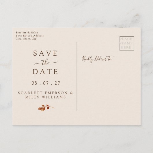 秋テラコッタリース結婚式の日付を保存 案内ポストカード (裏面)