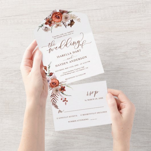 秋テラコッタワイルドフラワー結婚ズ詳細RSVP オールインワン招待状 (貼ってはがせる)