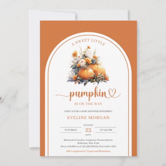 秋テラコッタ花アーチ女の子小さなカボチャ 招待状 (正面)