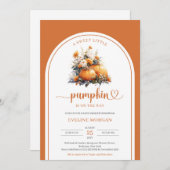 秋テラコッタ花アーチ女の子小さなカボチャ 招待状 (正面/裏面)