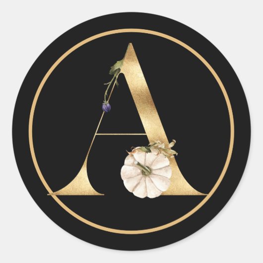 秋テーマ金ゴールドモノグラムAとカボチャ ラウンドシール (正面)