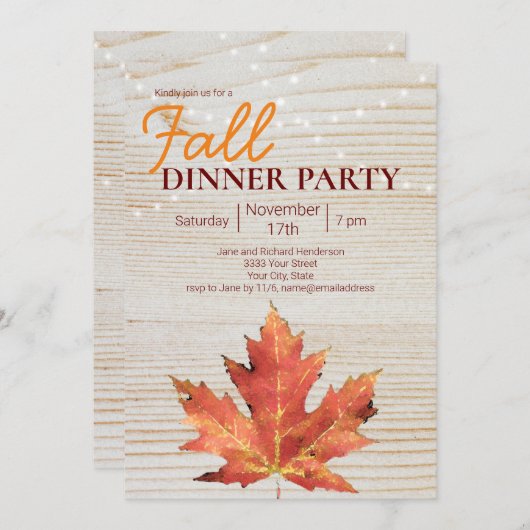 秋ディナーパーティーストリングライトウッド 招待状 (正面/裏面)