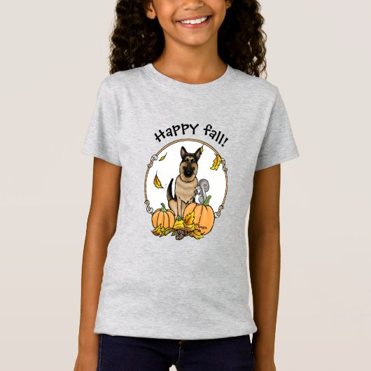 秋ドイツ羊飼い犬(黒タン)カボチャかわいい Tシャツ (正面)