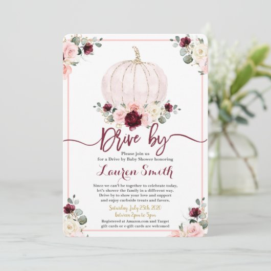 秋ドライブbyベビーシャワー女の子バーガンディとピンク 招待状 (スタンド正面)