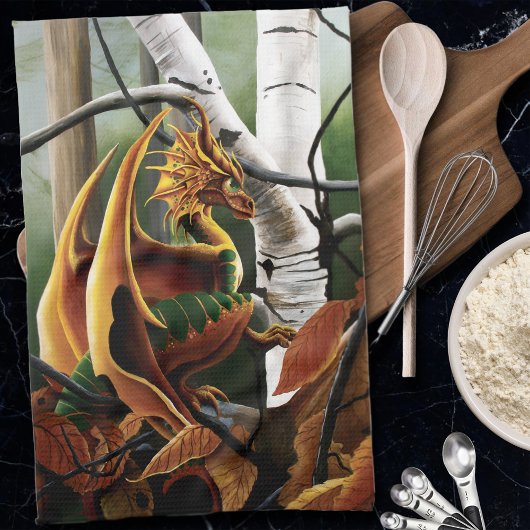 秋ドラゴンオレンジグリーンファンタジー キッチンタオル