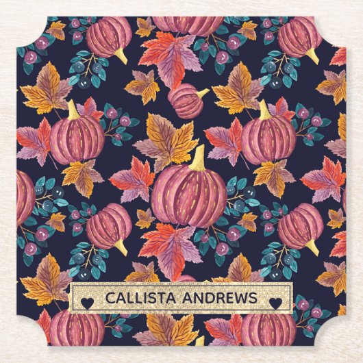 秋ネイビーパンプキ葉ンズ水彩モノグラム ペーパーコースター (正面)
