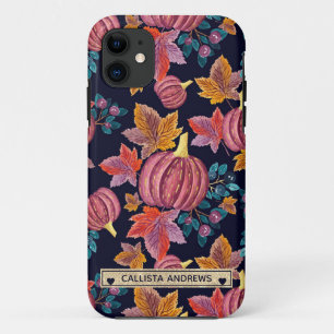 秋ネイビーパンプキ葉ンズ水彩モノグラム iPhone 11 ケース