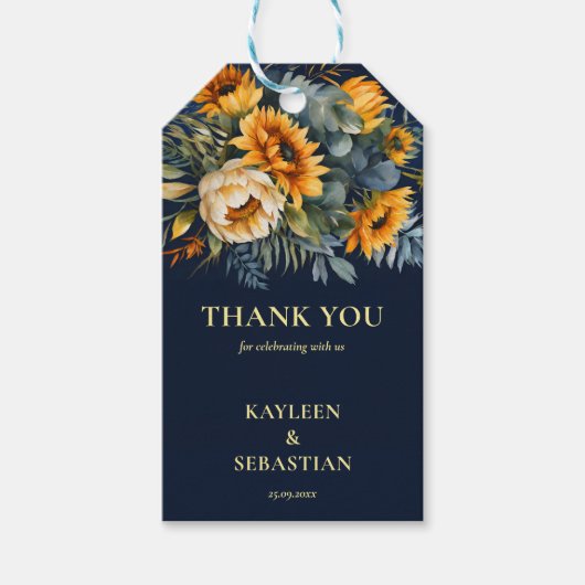 秋ネイビーブルー素朴ひまわり結婚の花 ギフトタグ (正面)