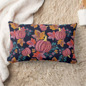 秋ネイビー葉パンプキン水の色パターン ランバークッション (ブランケット)