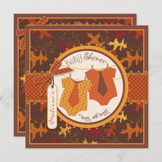 秋ネクタイ&紅葉ツインボーイズ赤ちゃんシャワー 招待状 (正面/裏面)