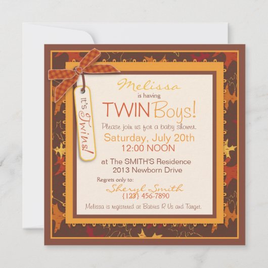 秋ネクタイ&紅葉ツインボーイズ赤ちゃんシャワー 招待状 (裏面)