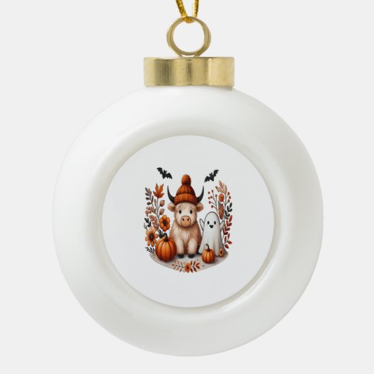 秋ハイランド牛幽霊、秋 セラミックボールオーナメント (正面)