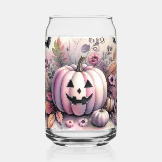秋ハロウィーンのカボチャ絵を描の水色 ガラス缶 (正面)