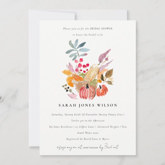 秋ハーベストカボプキンウォーターカラーブライダルシャワー 招待状 (正面)
