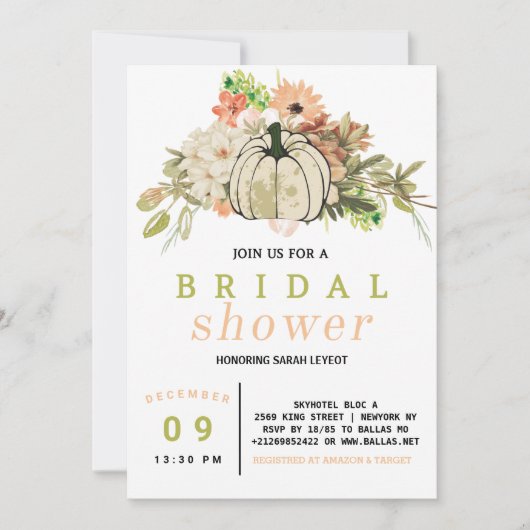 秋ハーベストパンプキンブライダルシャワー招待 招待状 (正面)