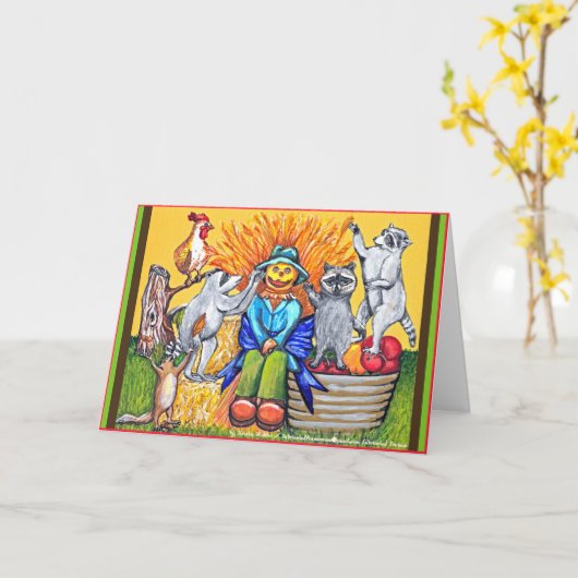 秋ハーベストファームアライグマ作りかかしカード カード (黄色い花)