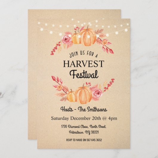 秋ハーベストフェスティバルパンプキンフローラリース招待状 招待状 (正面/裏面)