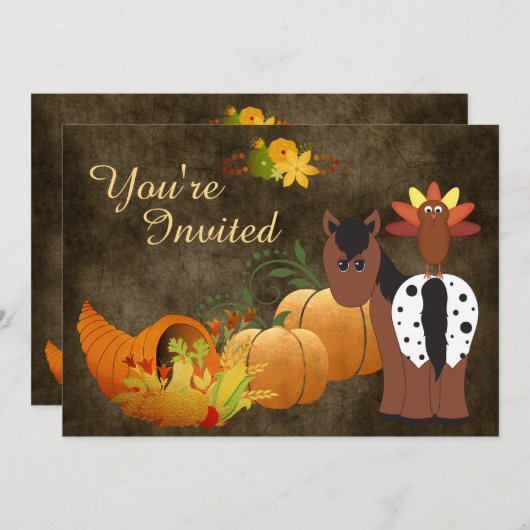 秋ハーベスト、かわいい馬とトルコの誕生日 招待状 (正面/裏面)