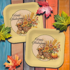 秋バスケット、花、かぼちゃ、トウモロコシ感謝祭 ペーパープレート