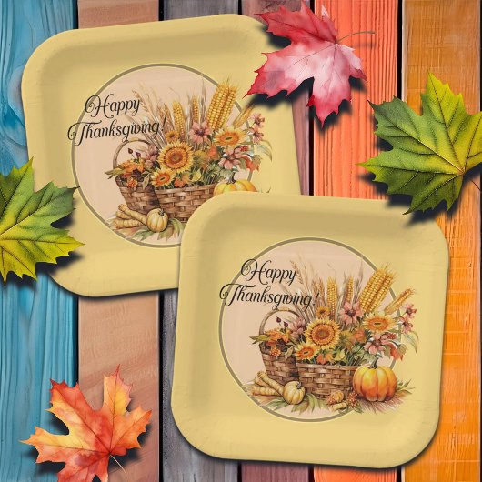 秋バスケット、花、かぼちゃ、トウモロコシ感謝祭 ペーパープレート