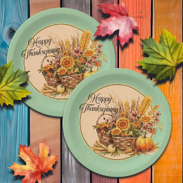 秋バスケット、花、かぼちゃ、トウモロコシ感謝祭 ペーパープレート