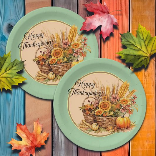 秋バスケット、花、かぼちゃ、トウモロコシ感謝祭 ペーパープレート