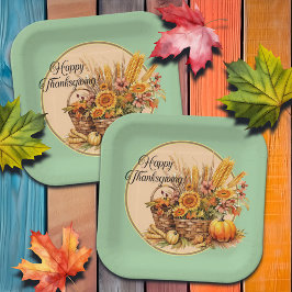 秋バスケット、花、かぼちゃ、トウモロコシ感謝祭 ペーパープレート