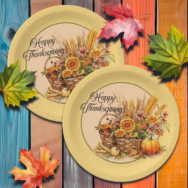 秋バスケット、花、かぼちゃ、トウモロコシ感謝祭 ペーパープレート