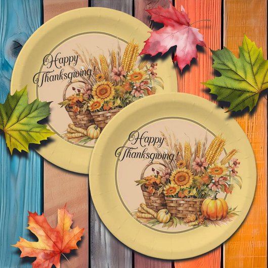 秋バスケット、花、かぼちゃ、トウモロコシ感謝祭 ペーパープレート