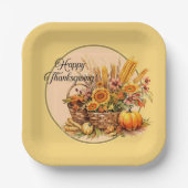 秋バスケット、花、かぼちゃ、トウモロコシ感謝祭 ペーパープレート (正面)